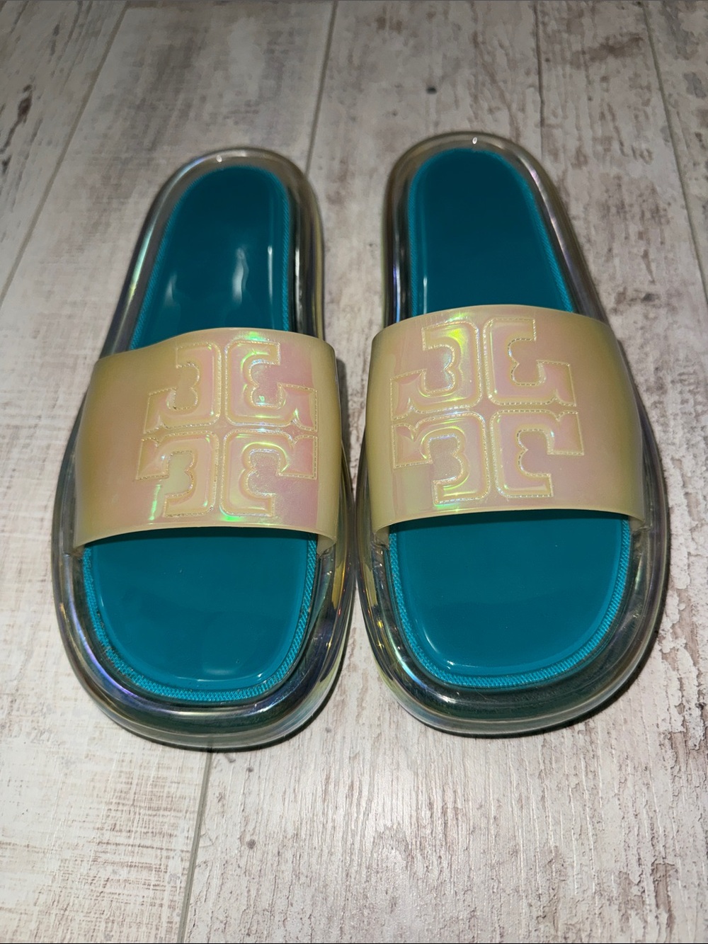 Tory Burch Iridescent Cream Jelly Slide Sandals with Teal Footbed